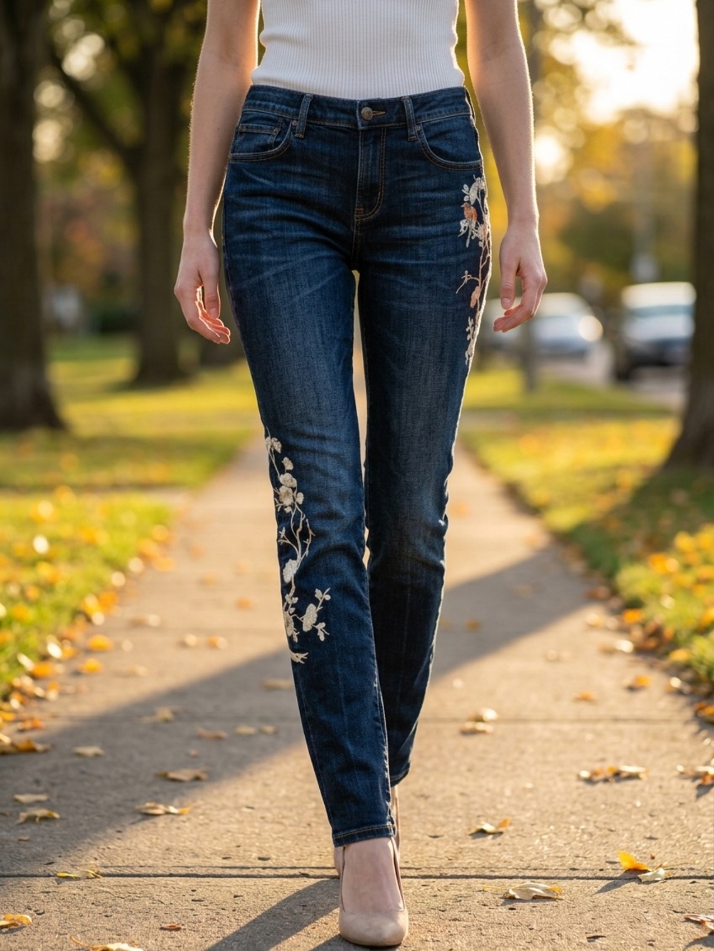 DRIFTWOOD Dark Indigo Skinny Jeans with White Floral Embroidery